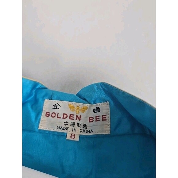 Vintage Golden Bee Embroidered Silk Blue Kimono Jacket + Pants Set Size 8 - Picture 6 of 16